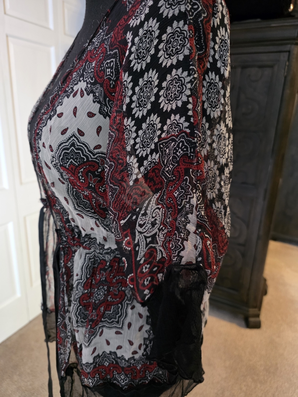Boho Sheer Paisley Kimono Cardigan Cover Up | Tie Front Festival Hippie - Picture 5 of 5